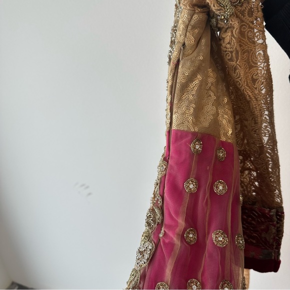 Elegant Pink and Gold Three-Piece Lehenga with Velvet Borders - Picture 13 of 16